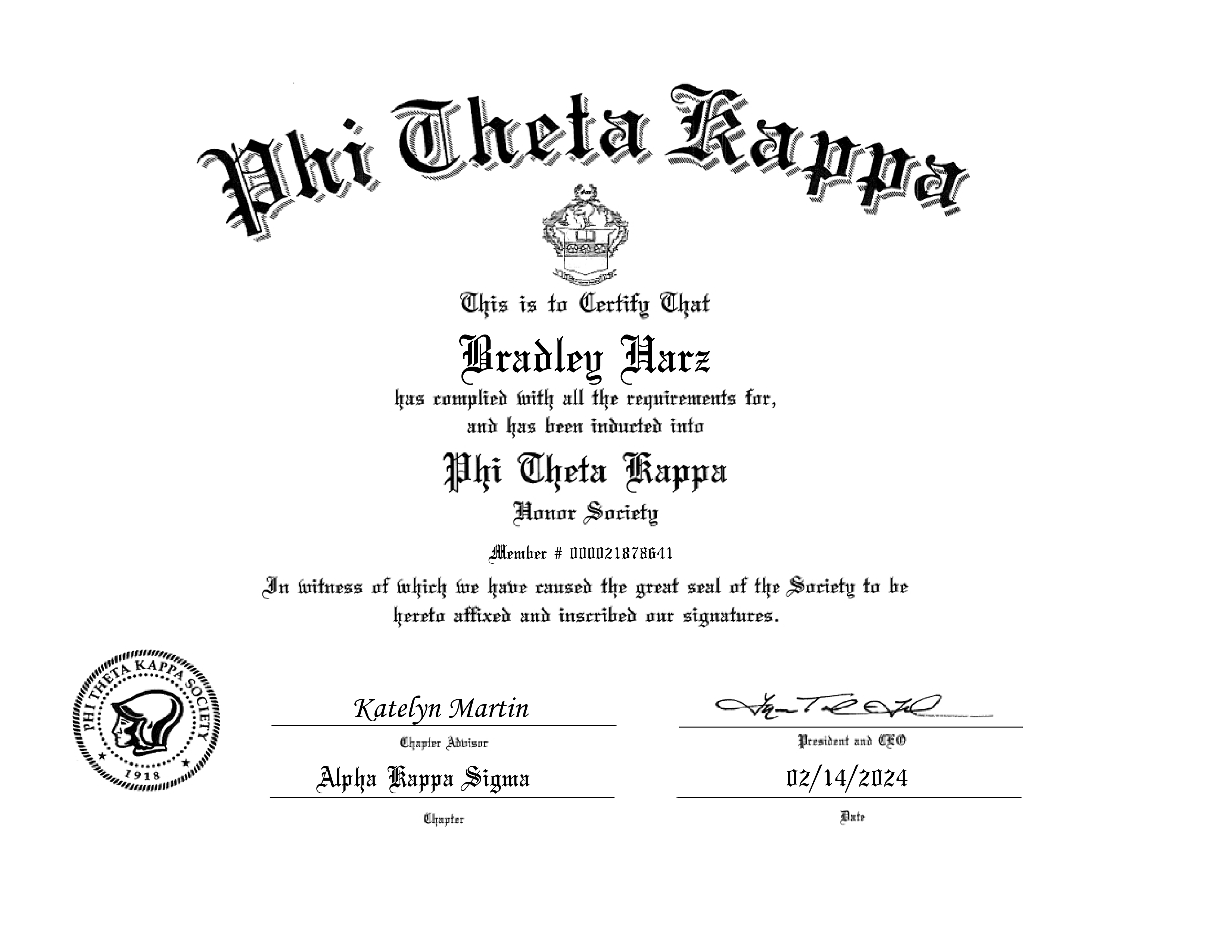 Phi Theta Kappa Induction Certificate