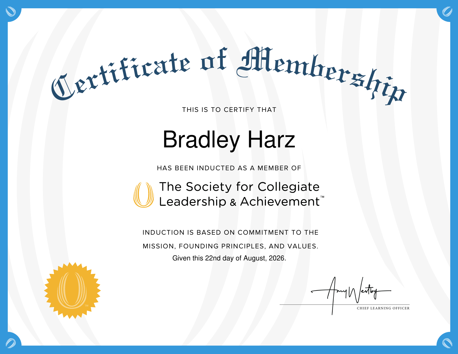 Society for Collegiate Leadership & Achievement — Membership Certificate